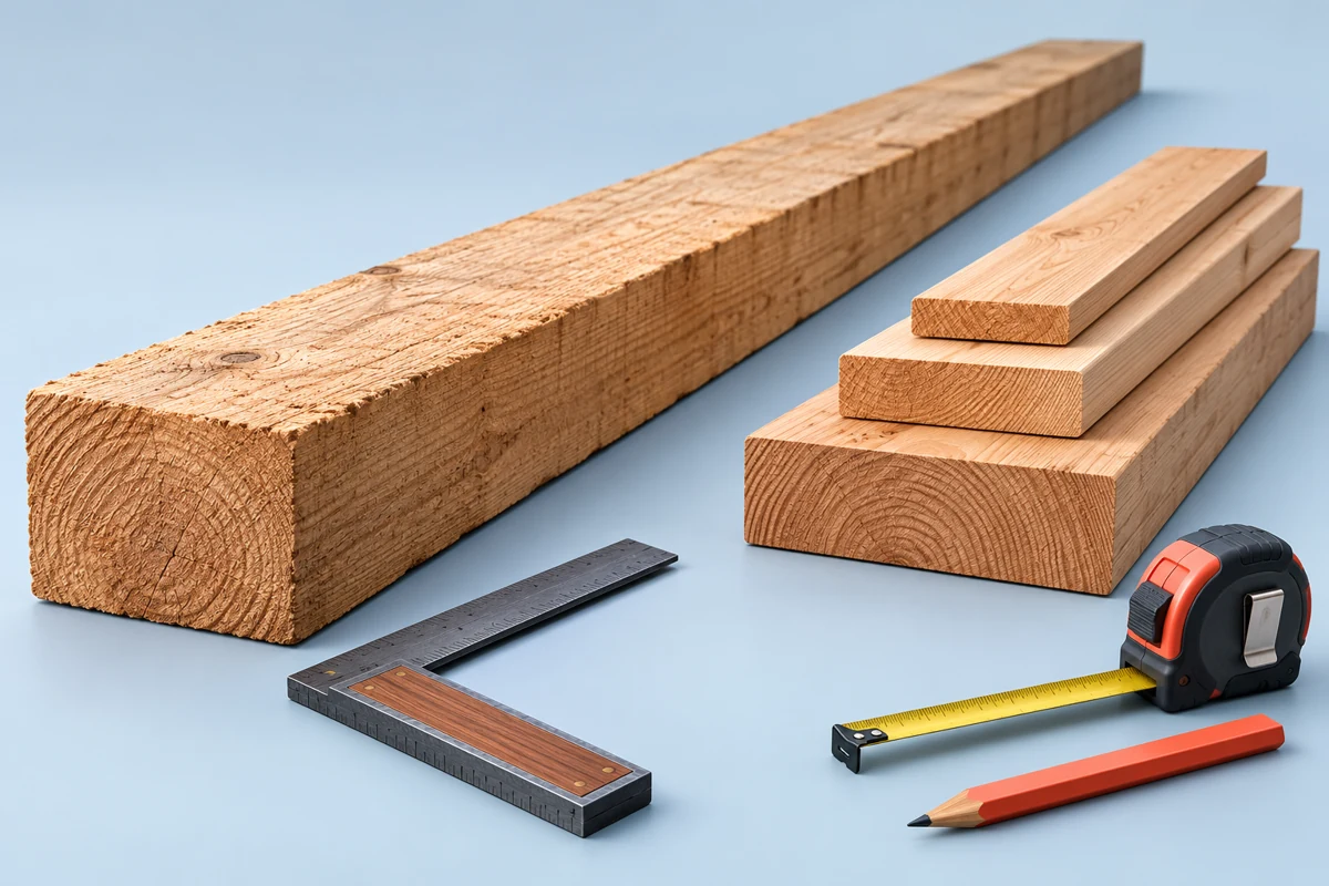 Long timber plank and boards of different widths and thicknesses beside a carpenter square and tape measure.