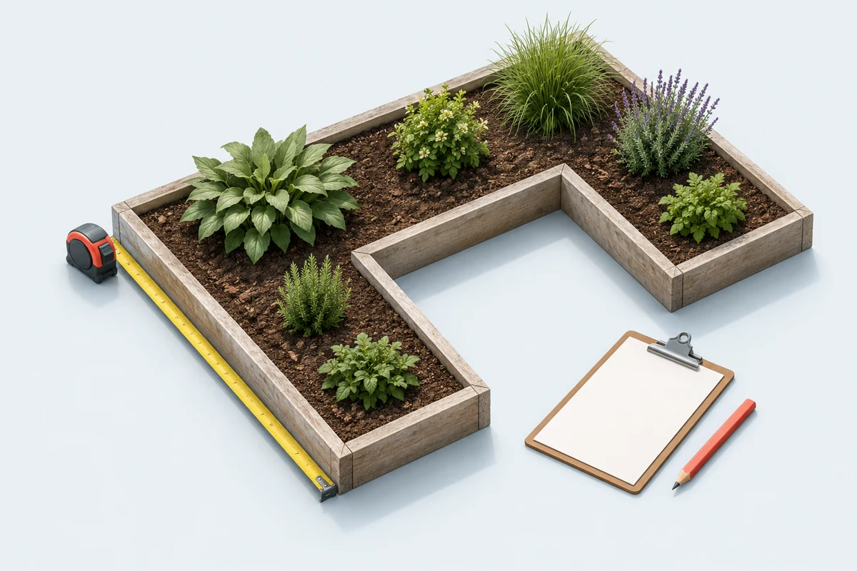 Isometric L-shaped garden bed with low edging and small plants, beside a measuring tape, pencil and blank clipboard.