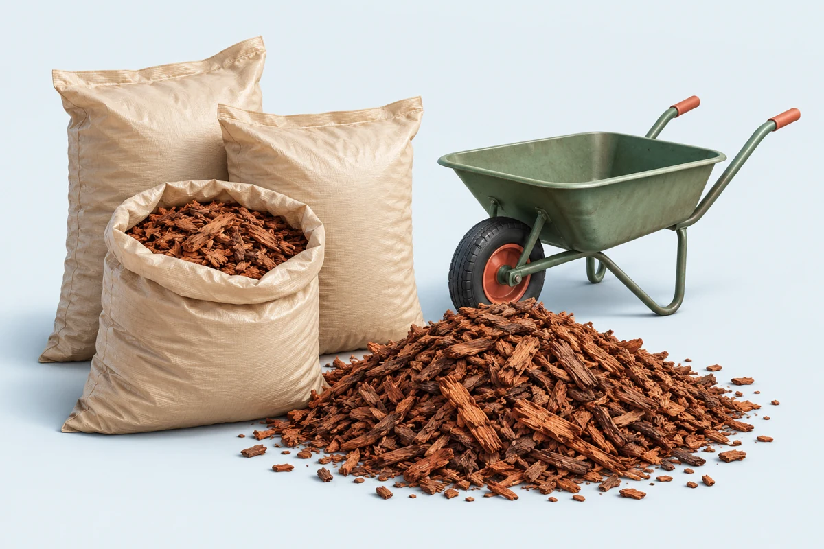 Plain mulch sacks beside a loose pile of shredded bark and a wheelbarrow, illustrating bagged and bulk purchasing options.